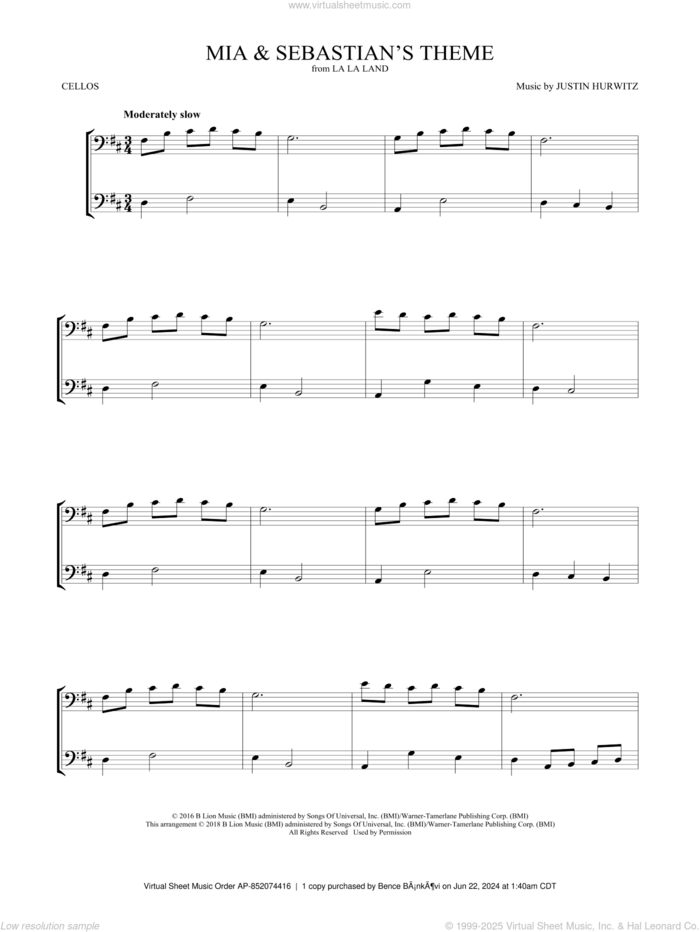 Mia and Sebastian's Theme (from La La Land) sheet music for two cellos (duet, duets) by Justin Hurwitz, intermediate skill level