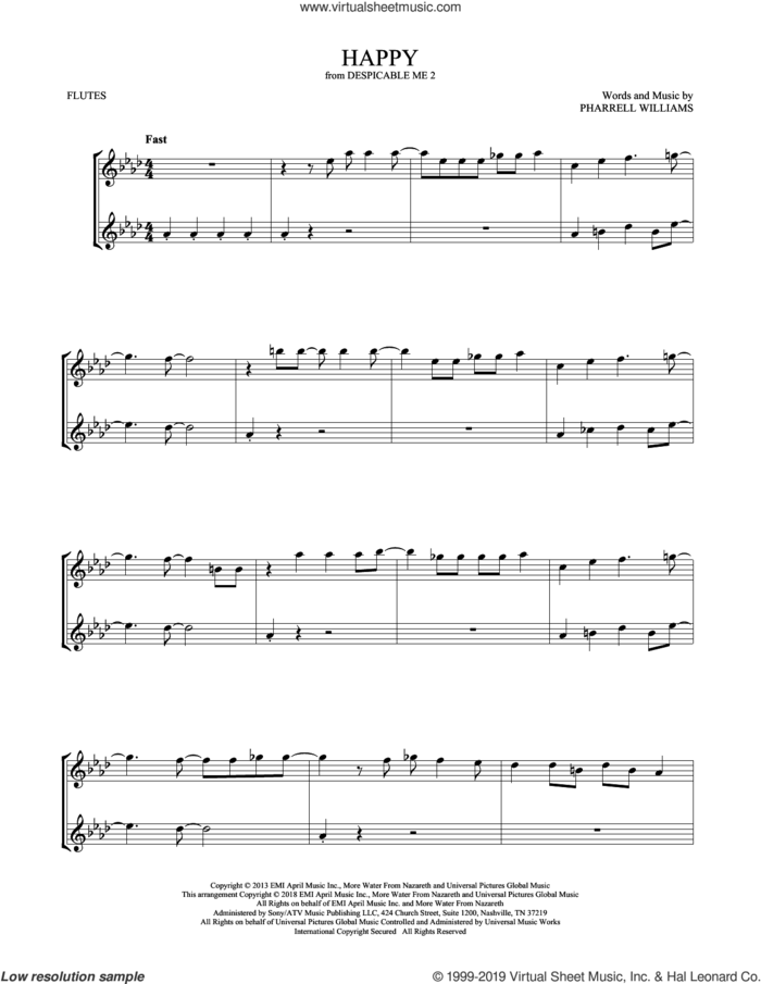 Happy (from Despicable Me 2) sheet music for two flutes (duets) by Pharrell and Pharrell Williams, intermediate skill level