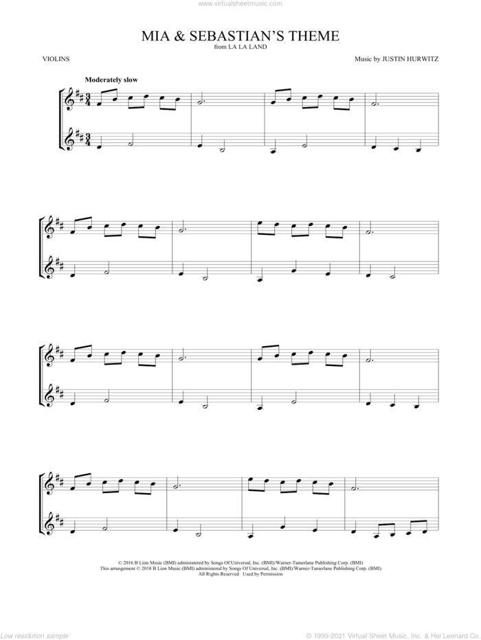 Mia and Sebastian's Theme (from La La Land) sheet music for two violins (duets, violin duets) by Justin Hurwitz, intermediate skill level