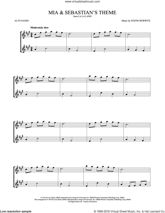 Mia and Sebastian's Theme (from La La Land) sheet music for two alto saxophones (duets) by Justin Hurwitz, intermediate skill level