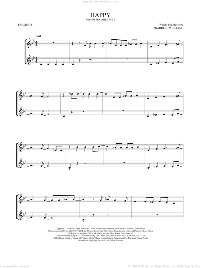 Happy (from Despicable Me 2) sheet music for two trumpets (duet, duets) by Pharrell and Pharrell Williams, intermediate skill level