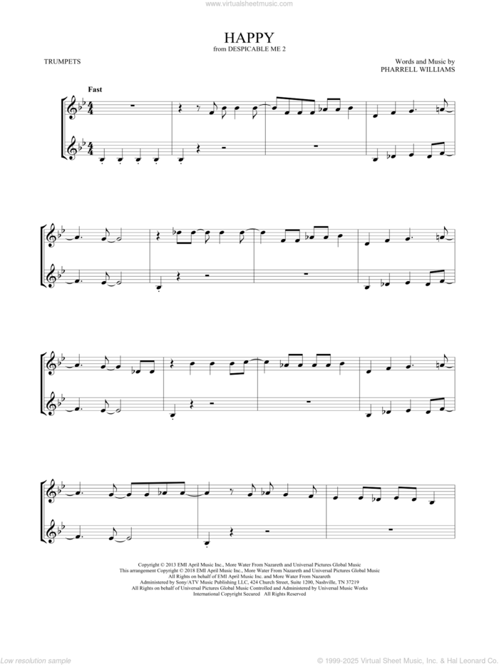 Happy (from Despicable Me 2) sheet music for two trumpets (duet, duets) by Pharrell and Pharrell Williams, intermediate skill level