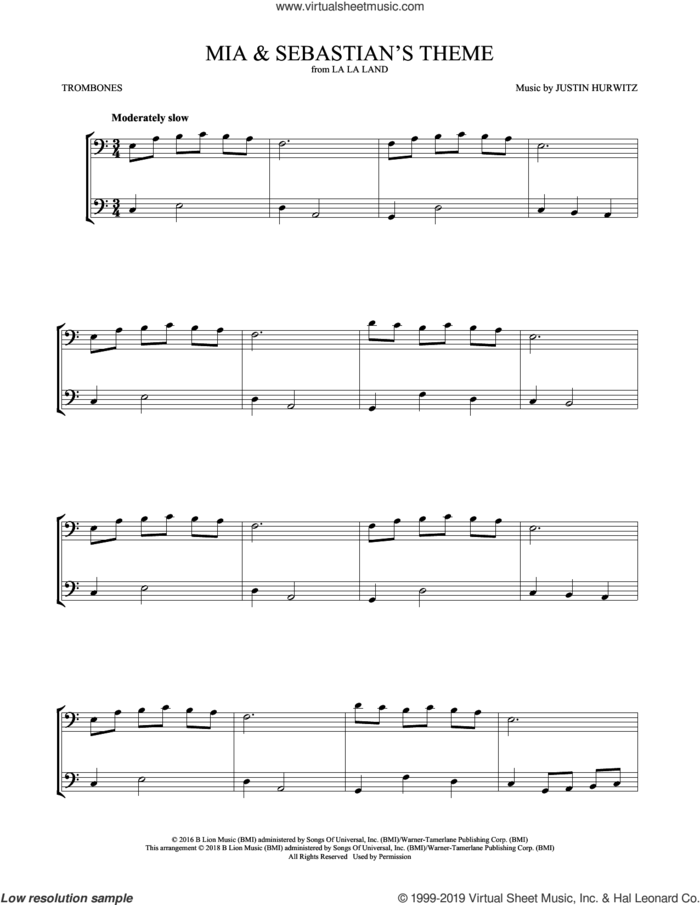 Mia and Sebastian's Theme (from La La Land) sheet music for two trombones (duet, duets) by Justin Hurwitz, intermediate skill level