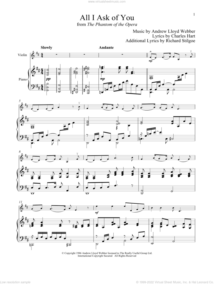 All I Ask Of You (from The Phantom Of The Opera) sheet music for violin and piano by Andrew Lloyd Webber, wedding score, intermediate skill level