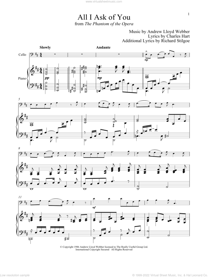 All I Ask Of You (from The Phantom Of The Opera) sheet music for cello and piano by Andrew Lloyd Webber, wedding score, intermediate skill level