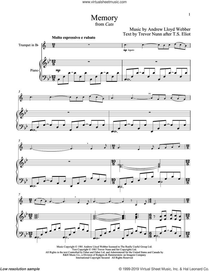 Memory (from Cats) sheet music for trumpet and piano by Andrew Lloyd Webber, intermediate skill level