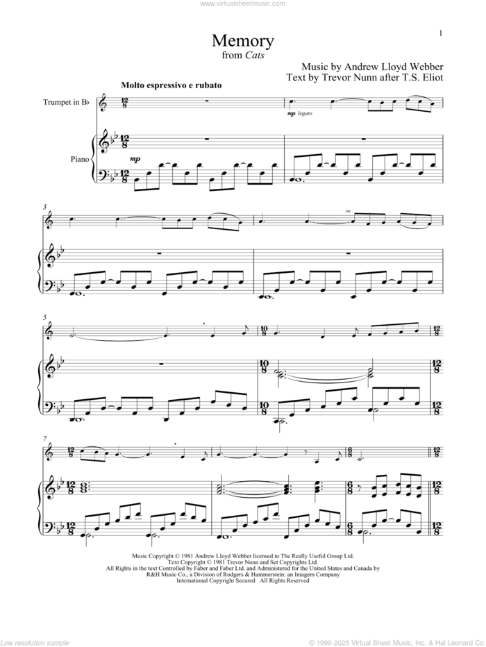 Memory (from Cats) sheet music for trumpet and piano by Andrew Lloyd Webber, intermediate skill level