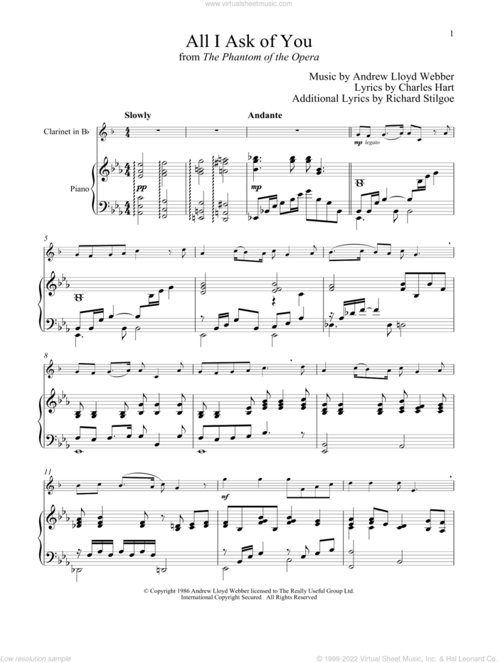 All I Ask Of You (from The Phantom Of The Opera) sheet music for clarinet and piano by Andrew Lloyd Webber, wedding score, intermediate skill level
