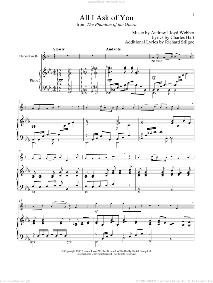 All I Ask Of You (from The Phantom Of The Opera) sheet music for clarinet and piano by Andrew Lloyd Webber, wedding score, intermediate skill level