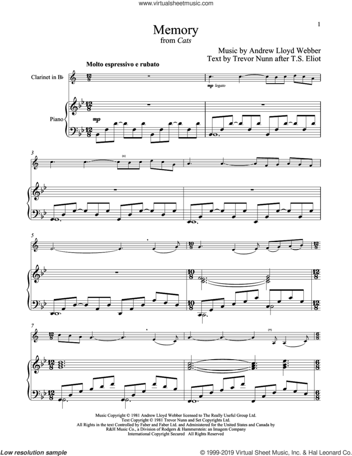 Memory (from Cats) sheet music for clarinet and piano by Andrew Lloyd Webber, intermediate skill level