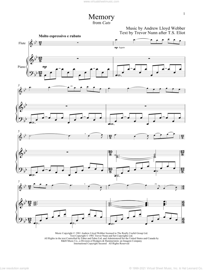 Memory (from Cats) sheet music for flute and piano by Andrew Lloyd Webber, intermediate skill level