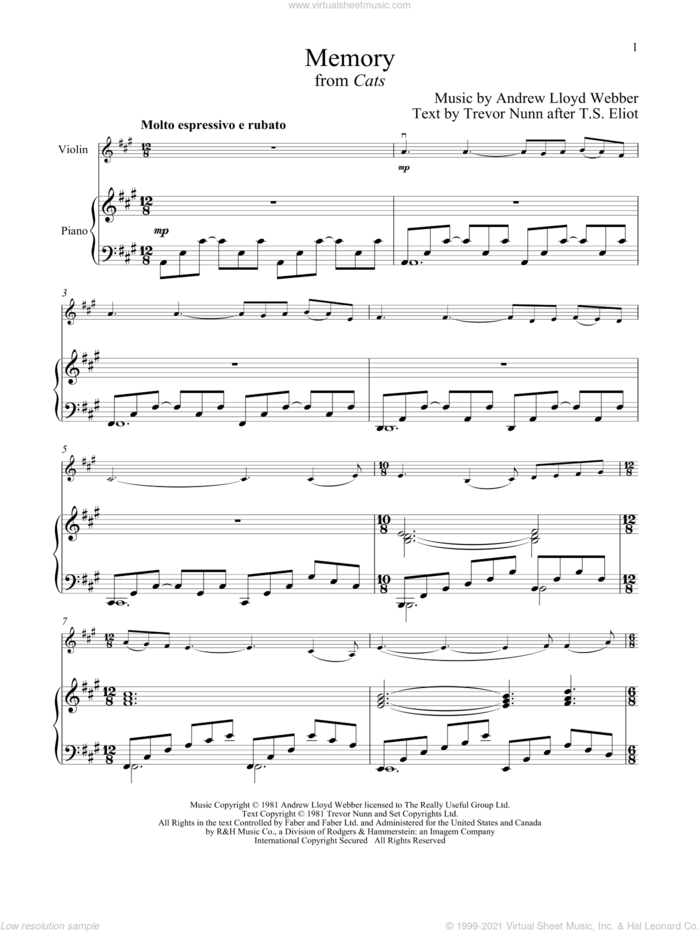 Memory (from Cats) sheet music for violin and piano by Andrew Lloyd Webber, intermediate skill level