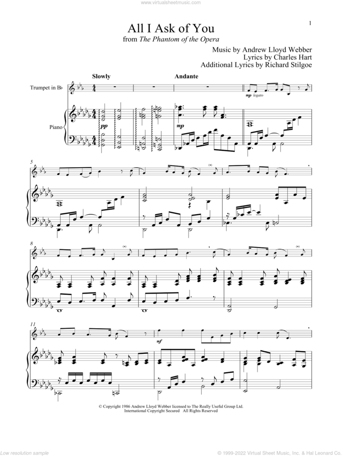 All I Ask Of You (from The Phantom of The Opera) sheet music for trumpet and piano by Andrew Lloyd Webber, wedding score, intermediate skill level