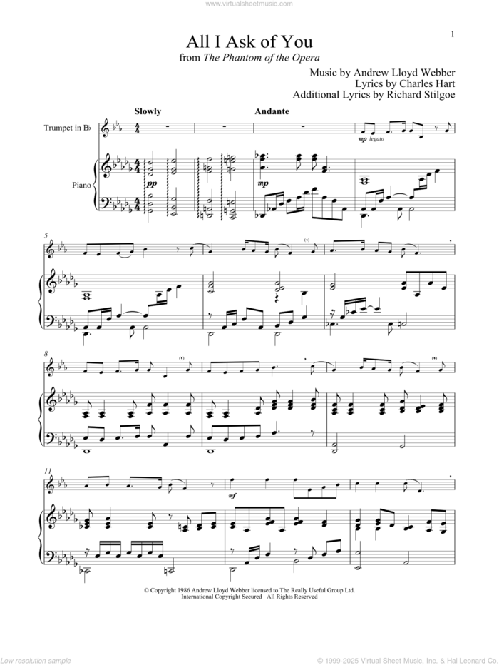 All I Ask Of You (from The Phantom of The Opera) sheet music for trumpet and piano by Andrew Lloyd Webber, wedding score, intermediate skill level