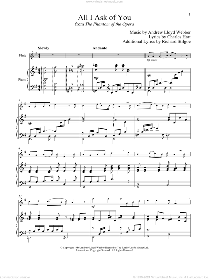 All I Ask Of You (from The Phantom of The Opera) sheet music for flute and piano by Andrew Lloyd Webber, wedding score, intermediate skill level