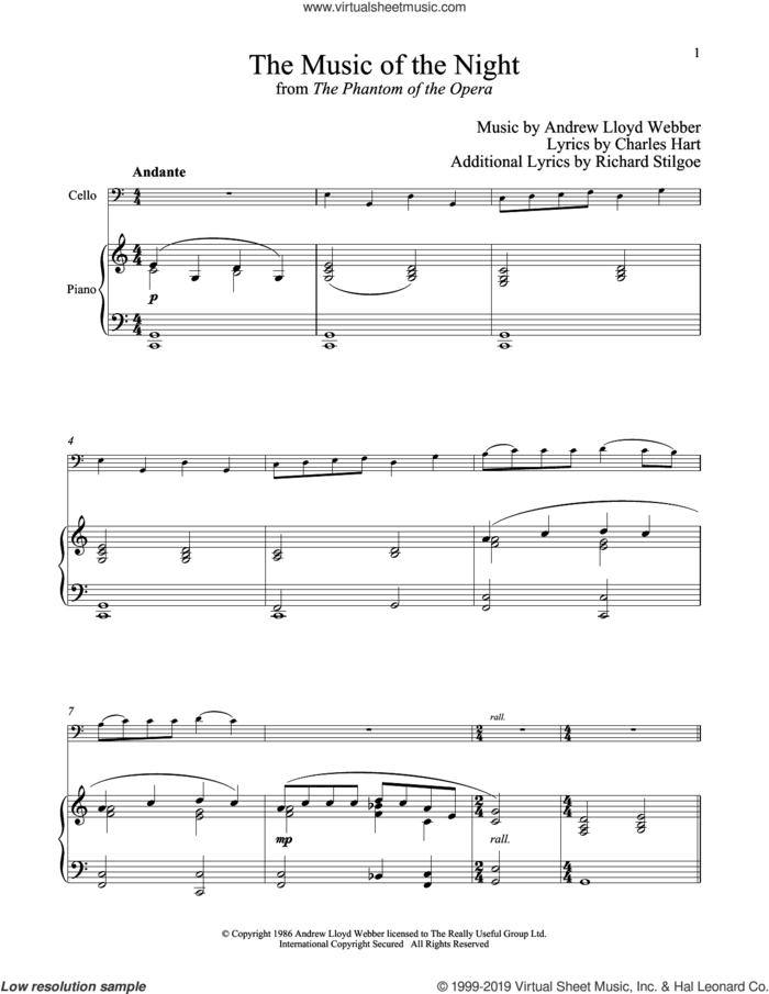 The Music of the Night (from The Phantom of the Opera) sheet music for cello and piano by Andrew Lloyd Webber, Charles Hart and Richard Stilgoe, intermediate skill level