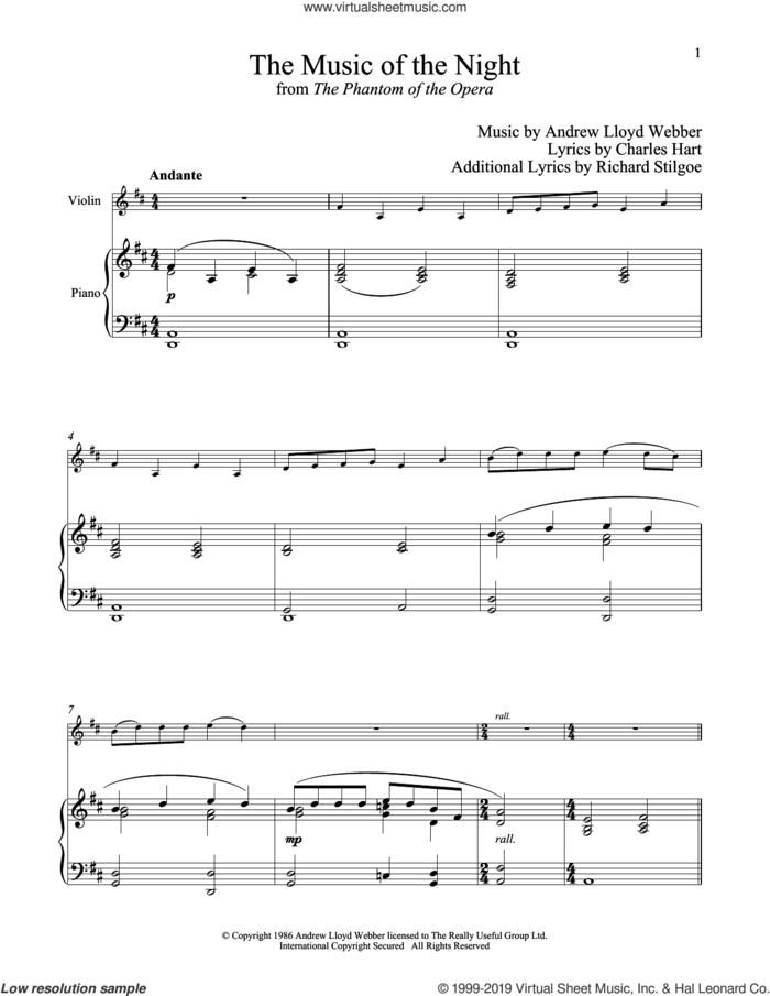 The Music of the Night (from The Phantom of the Opera) sheet music for violin and piano by Andrew Lloyd Webber, Charles Hart and Richard Stilgoe, intermediate skill level
