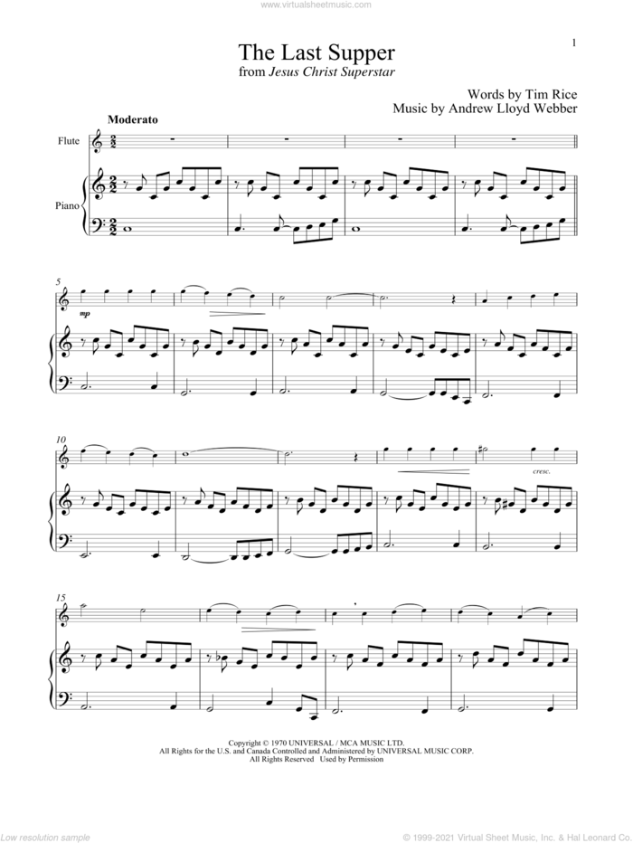 The Last Supper (from Jesus Christ Superstar) sheet music for flute and piano by Andrew Lloyd Webber and Tim Rice, intermediate skill level