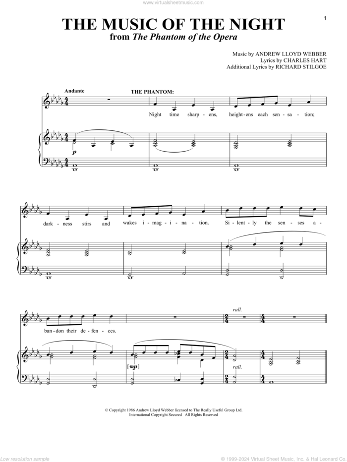 The Music of the Night (from The Phantom of the Opera) sheet music for voice and piano by Andrew Lloyd Webber, Charles Hart and Richard Stilgoe, intermediate skill level