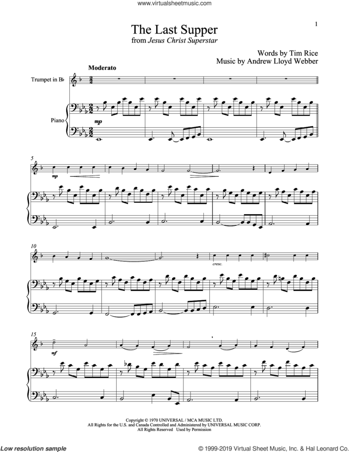 The Last Supper (from Jesus Christ Superstar) sheet music for trumpet and piano by Andrew Lloyd Webber and Tim Rice, intermediate skill level