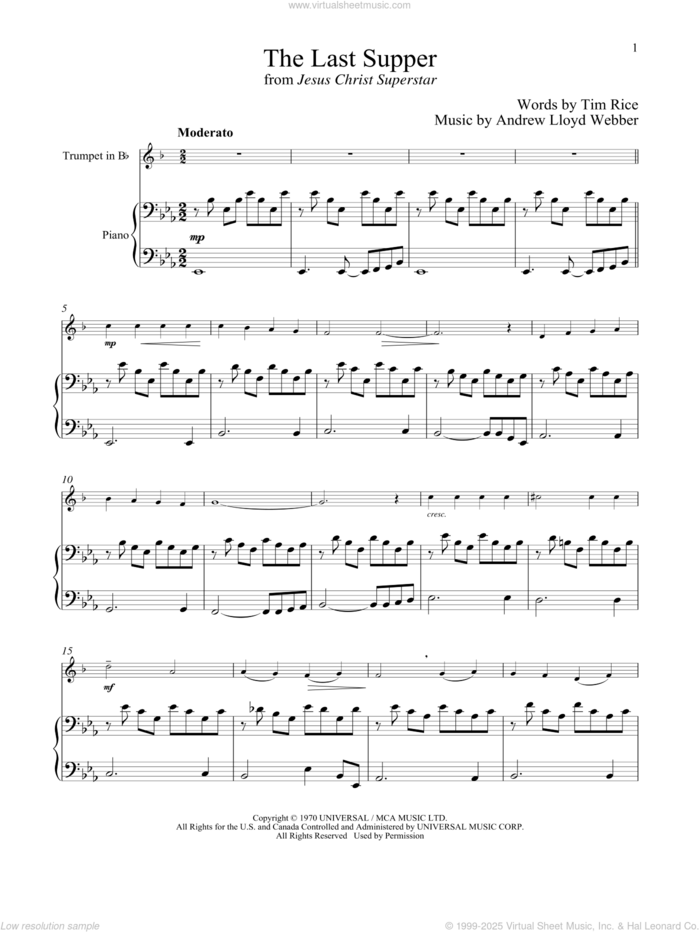 The Last Supper (from Jesus Christ Superstar) sheet music for trumpet and piano by Andrew Lloyd Webber and Tim Rice, intermediate skill level