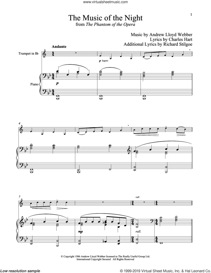 The Music of the Night (from The Phantom of the Opera) sheet music for trumpet and piano by Andrew Lloyd Webber, Charles Hart and Richard Stilgoe, intermediate skill level