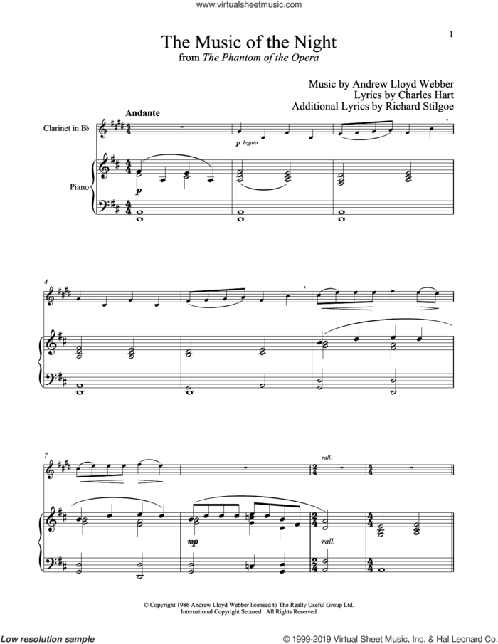 The Music of the Night (from The Phantom of the Opera) sheet music for clarinet and piano by Andrew Lloyd Webber, Charles Hart and Richard Stilgoe, intermediate skill level