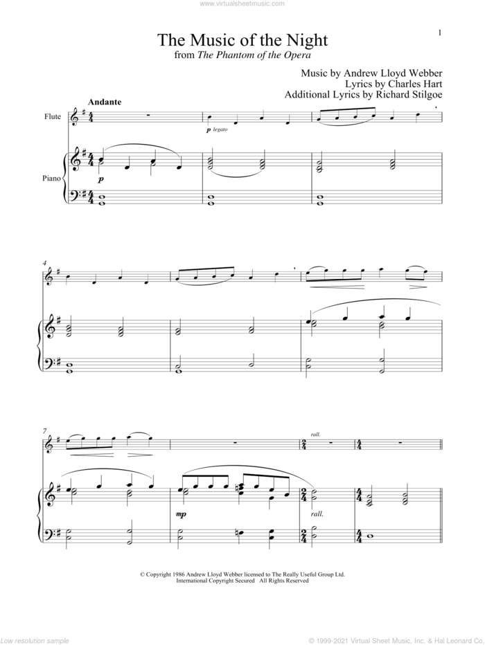 The Music of the Night (from The Phantom of the Opera) sheet music for flute and piano by Andrew Lloyd Webber, Charles Hart and Richard Stilgoe, intermediate skill level