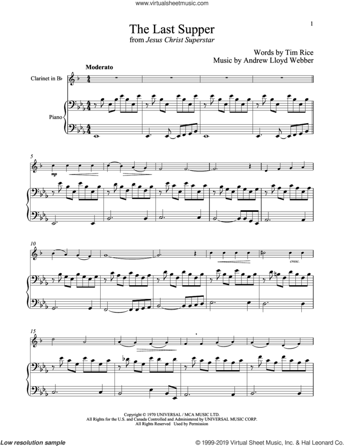The Last Supper (from Jesus Christ Superstar) sheet music for clarinet and piano by Andrew Lloyd Webber and Tim Rice, intermediate skill level