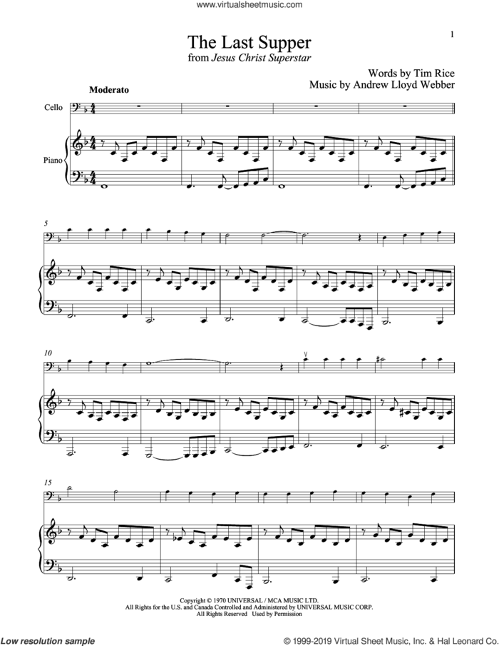 The Last Supper (from Jesus Christ Superstar) sheet music for cello and piano by Andrew Lloyd Webber and Tim Rice, intermediate skill level