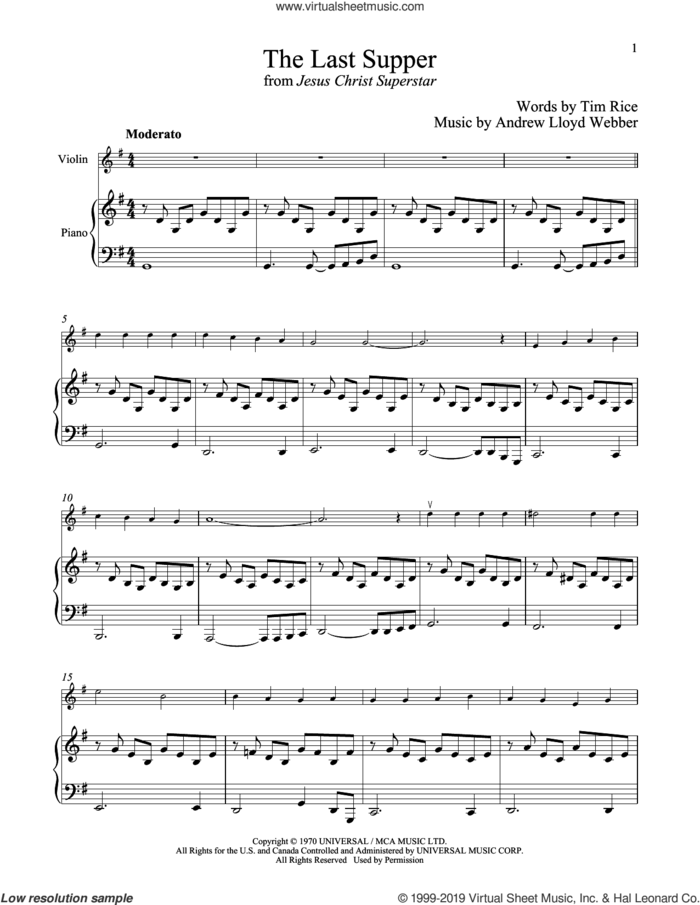 The Last Supper (from Jesus Christ Superstar) sheet music for violin and piano by Andrew Lloyd Webber and Tim Rice, intermediate skill level