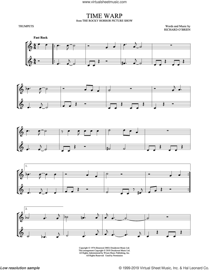 Time Warp sheet music for two trumpets (duet, duets) by Richard O'Brien, intermediate skill level