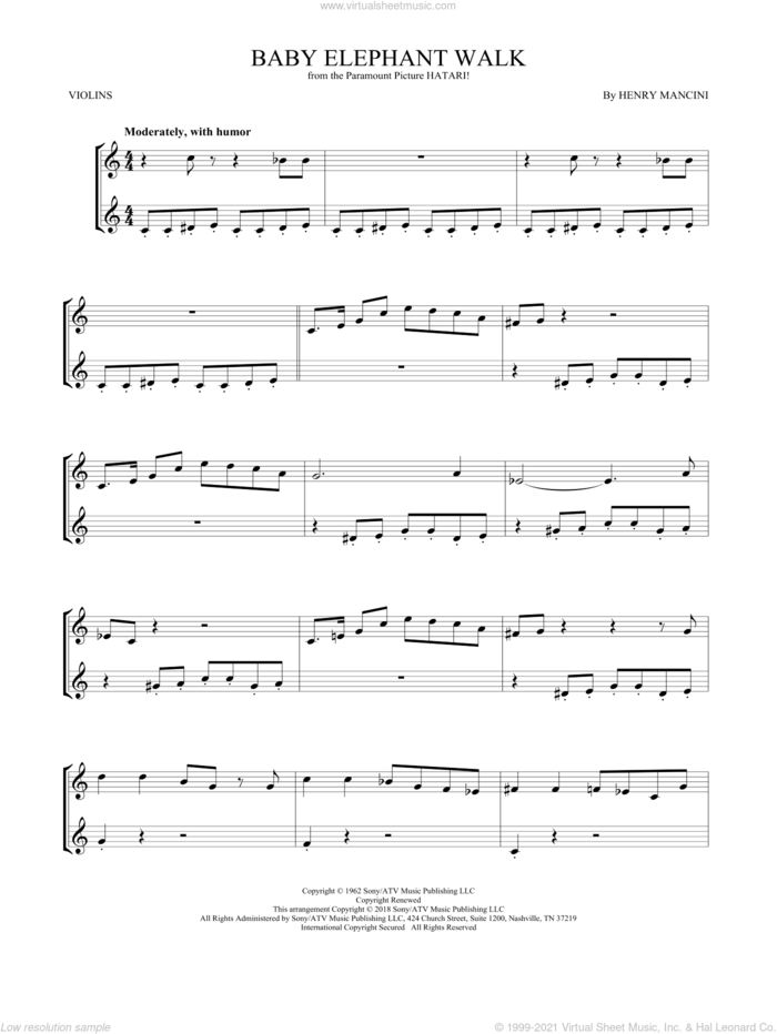 Baby Elephant Walk sheet music for two violins (duets, violin duets) by Henry Mancini, intermediate skill level