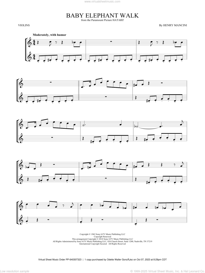 Baby Elephant Walk sheet music for two violins (duets, violin duets) by Henry Mancini, intermediate skill level