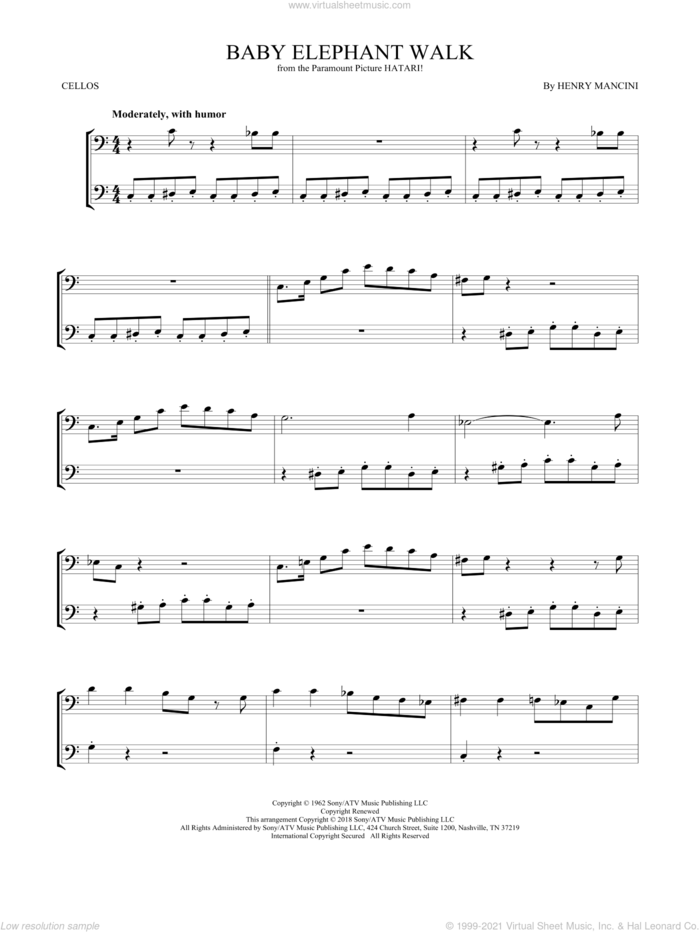 Baby Elephant Walk sheet music for two cellos (duet, duets) by Henry Mancini, intermediate skill level