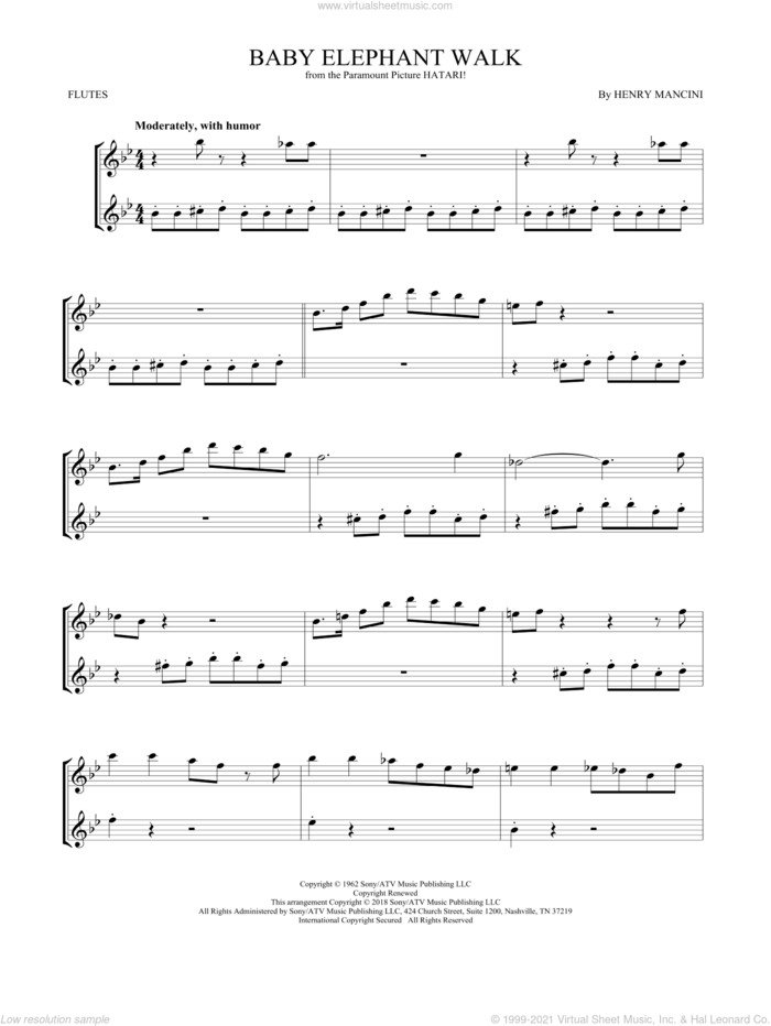 Baby Elephant Walk sheet music for two flutes (duets) by Henry Mancini, intermediate skill level
