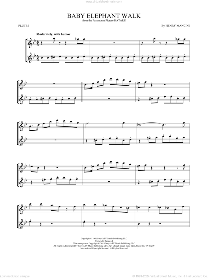 Baby Elephant Walk sheet music for two flutes (duets) by Henry Mancini, intermediate skill level