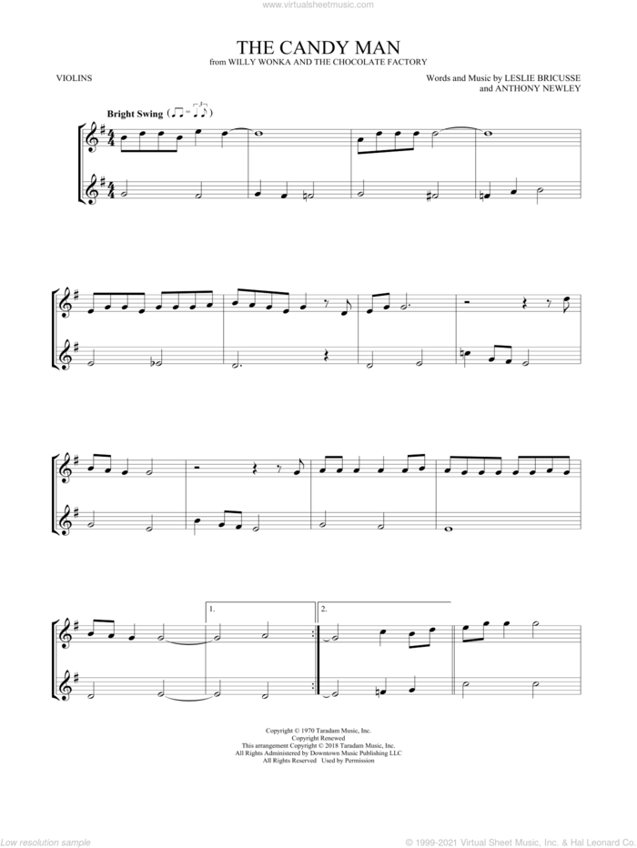 The Candy Man sheet music for two violins (duets, violin duets) by Leslie Bricusse and Anthony Newley, intermediate skill level