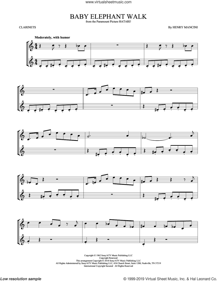 Baby Elephant Walk sheet music for two clarinets (duets) by Henry Mancini, intermediate skill level
