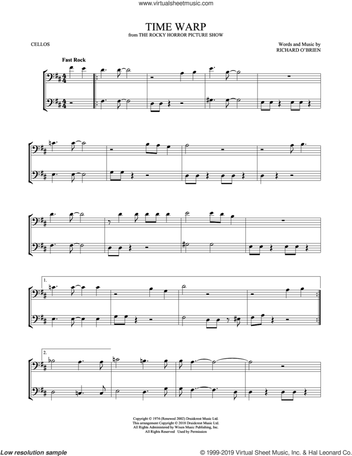 Time Warp sheet music for two cellos (duet, duets) by Richard O'Brien, intermediate skill level