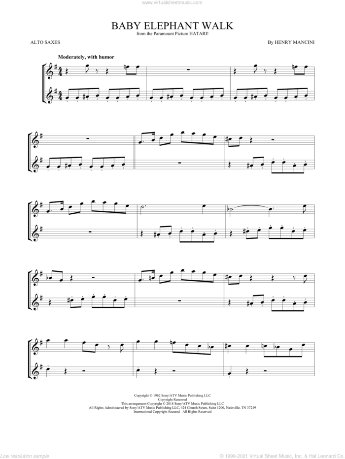 Baby Elephant Walk sheet music for two alto saxophones (duets) by Henry Mancini, intermediate skill level