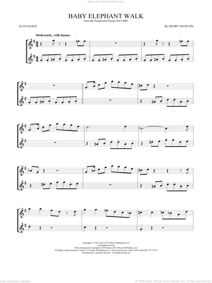 Baby Elephant Walk sheet music for two alto saxophones (duets) by Henry Mancini, intermediate skill level