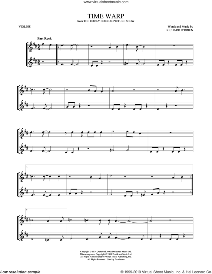 Time Warp sheet music for two violins (duets, violin duets) by Richard O'Brien, intermediate skill level