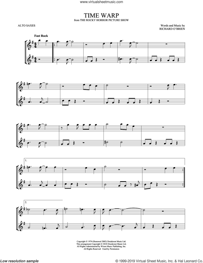 Time Warp sheet music for two alto saxophones (duets) by Richard O'Brien, intermediate skill level