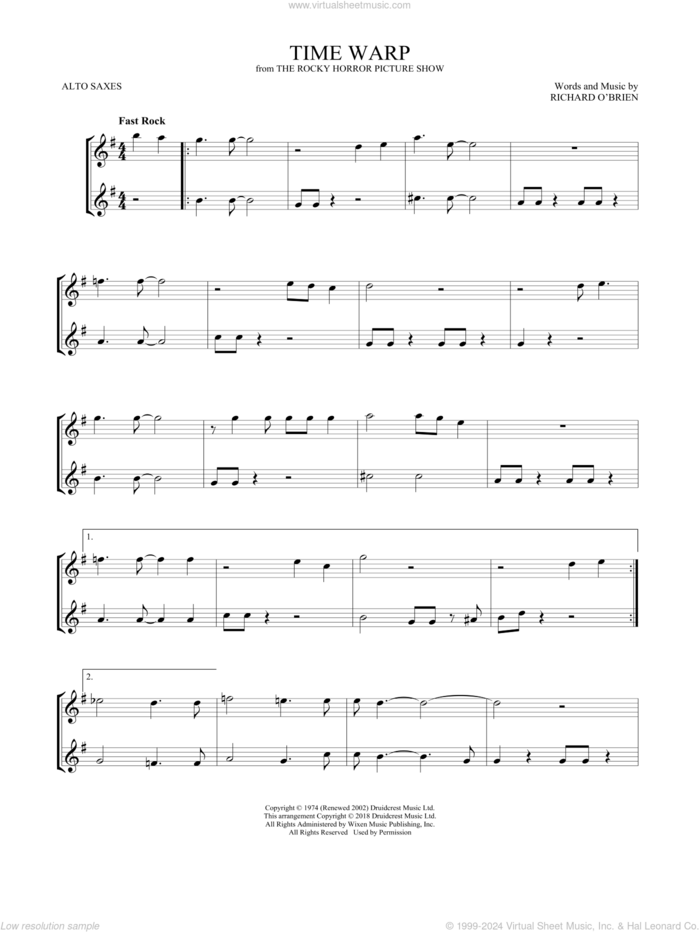 Time Warp sheet music for two alto saxophones (duets) by Richard O'Brien, intermediate skill level