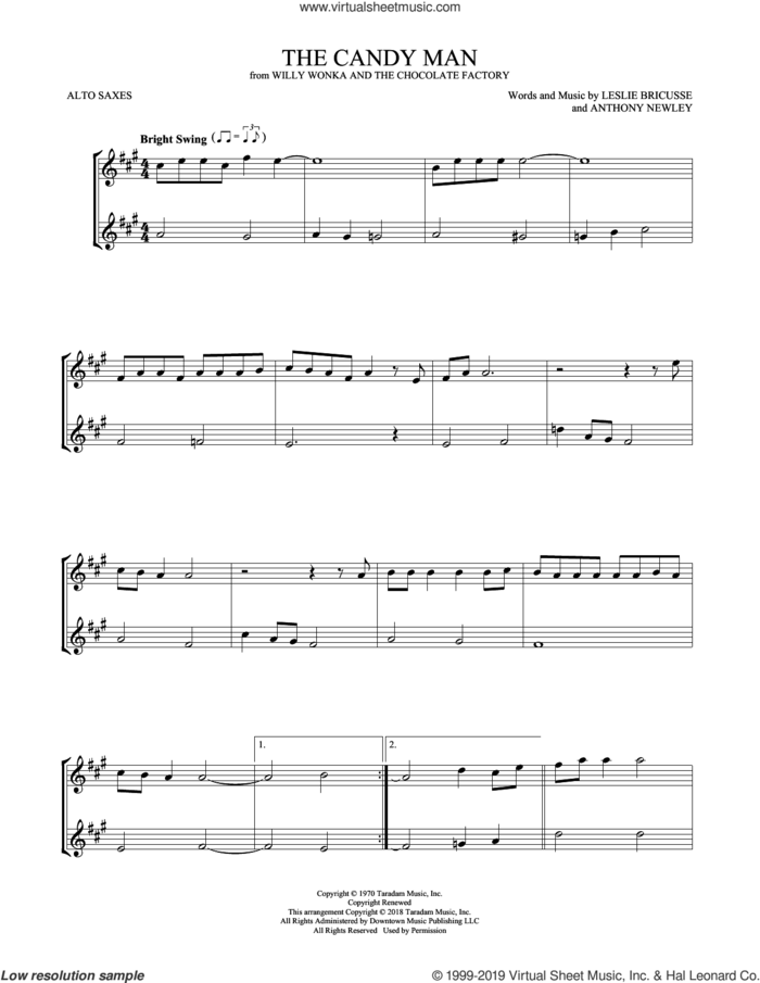 The Candy Man sheet music for two alto saxophones (duets) by Leslie Bricusse and Anthony Newley, intermediate skill level