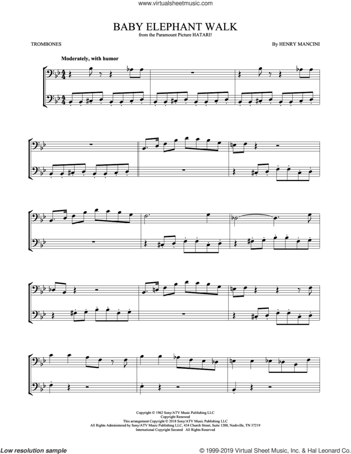 Baby Elephant Walk sheet music for two trombones (duet, duets) by Henry Mancini, intermediate skill level