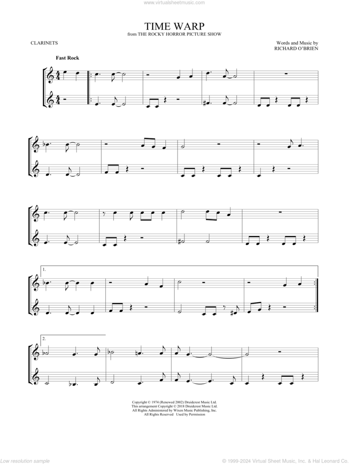 Time Warp sheet music for two clarinets (duets) by Richard O'Brien, intermediate skill level