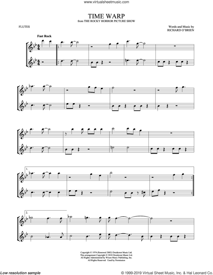 Time Warp sheet music for two flutes (duets) by Richard O'Brien, intermediate skill level