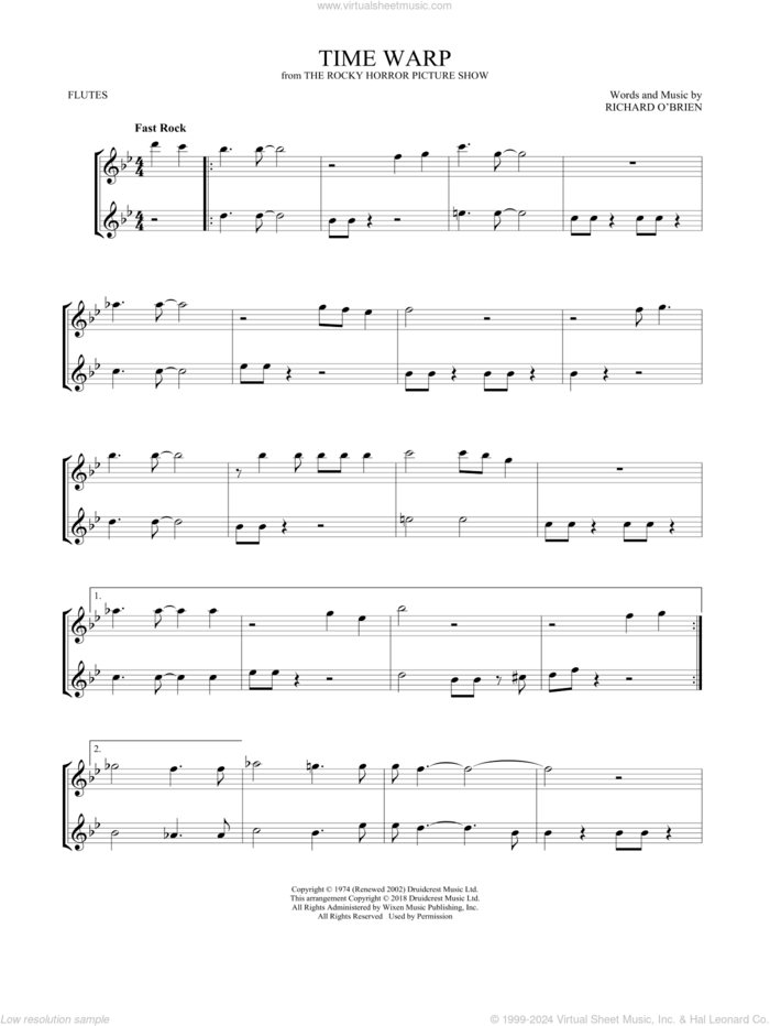 Time Warp sheet music for two flutes (duets) by Richard O'Brien, intermediate skill level